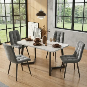 Superaly Set of 4 Velvet Dining Chairs, Upholstered Modern Kitchen Chairs with Black Metal Legs, Ergonomic Tufted Side Chairs for Living Room, Dining Room, Grey