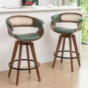 Set of 2 Rattan Swivel Counter Stools - 26.4 inch Counter Height Bar Stools with Cane Back,Rattan Bar Stools for Island/Kitchen