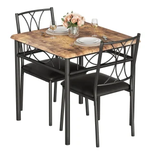 Dining Table Set for 2, Kitchen Table and Chairs, Square Dining Room Table Set with Metal and Wood Chairs