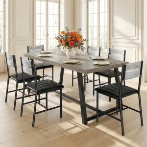 7Piece Dining Table Set for 6, 71 inch Rectangular Kitchen Table with 6 holstered Chairs, Dining Room Table Set with Metal Fr