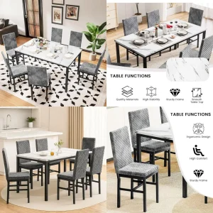Dining Table Set for 6, Faux Marble Kitchen Table Chairs Set of 6, Dining Room Sets with Velvet Chairs for Small Space (Gray)