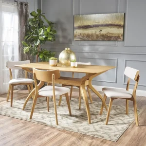Century Wood Dining Set with Fabric Chairs, 5-Piece, Natural Oak Finish / Light Beige