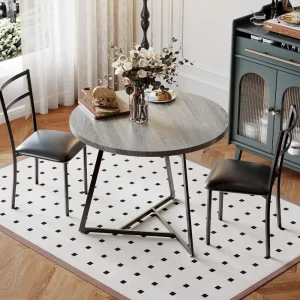 Dining Table Set for 2, Wooden Kitchen Table and Chairs of 2 with Upholstered Chairs, Round Kitchen Tables Set, 3 Piece Dining R