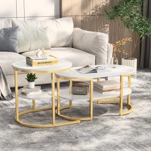 Comanlai Nesting Coffee Tables Marble Effect MDF Top Metal Legs With Storage For Living Room Sofa Side Tables