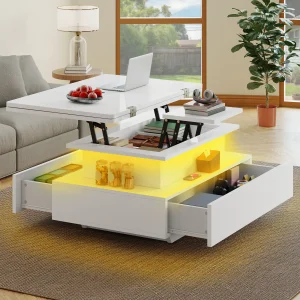 Lift Top Coffee Table, High Gloss 4-in-1 Extendable, LED, 2 Drawers, Modern Rectangle Table for Living Room
