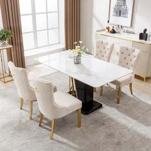 Set of 4 Dining Chairs Velvet Chairs with Gold Ring on Backrest and Metal Legs, Beige