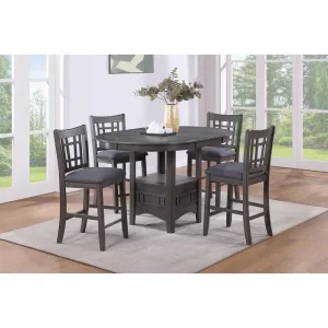 Contemporary 5pc Counter Height Dining Set, Round Table with Leaf & 4 Side Chairs, Gray Finish, Solid Wood