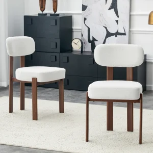 Mid-Century Modern Dining Chairs Set of 2, Upholstered Linen Fabric Side Chairs with Wood Legs, Curved Back Kitchen Chairs