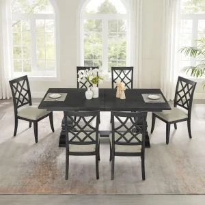 Extendable 7-Piece Retro Wooden Dining Set for 6, Curved Table & Upholstered Chairs for Kitchen, Living Room, Restaurant