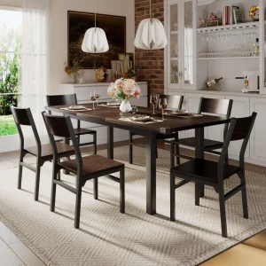 7 Pieces Dining Table amp Chairs Set for 46, 63 Extendable Kitchen Table and 6 Chairs, Dining Room Table with MDF Board amp Met