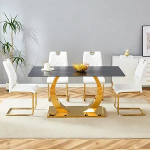 Sintered Stone Dining Table Set with 4 Unique White Chairs and Gold Metal Legs, 63x31.5-Inch Black Texture Top, Modern Design