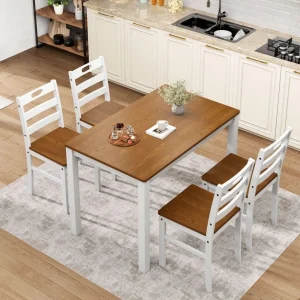 5 Piece Dining Table Set for 4, Wood Kitchen Table and Chairs,SpaceSaving Farmhouse Dining Sets,Walnut amp White