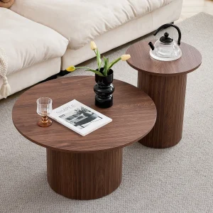 EGOONM Set of 2 Nordic Style Wooden Round Coffee Table Set, Wooden Nesting Coffee Table, for Living Room/Bedroom Furniture