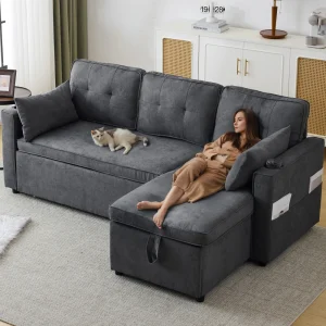 L-shaped Upholstered Sofa Bed with Sleeping Function, with Storage Space and Beverage Holder, Left and Right Interchangeable