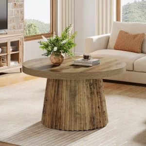 Tribesigns Coffee Table, 31.5" Small Farmhouse Round Coffee Tables with Fluted Drum Base, Mid Century Modern Farmhouse