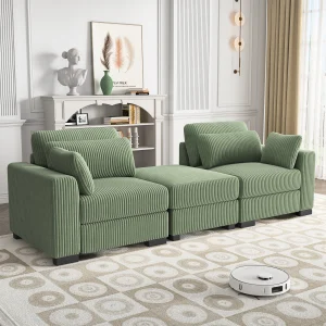 Superaly Velvet Sofa, Living Room Sofas, Modular Sofa, with Wide Armrests, Footstool, Various Combinations, Green