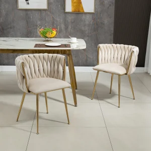 LVHOM Modern Velvet Dining Chairs (2 Set) with Golden Metal Legs, Handwoven Design Chairs for Dining Room and Living Room