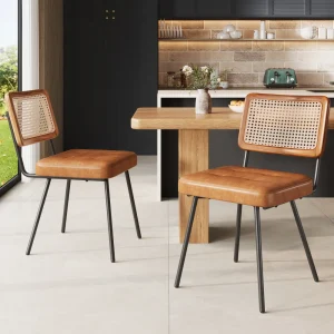 2 Pcs Retro Rattan Dining Chair, Faux Leather Tufted Seat, Ergonomic Metal Frame, Luxury Accent Chair for Kitchen & Dining Room