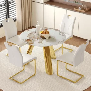 White Imitation Marble Round Table Set with 4 Unique White Dining Chairs and Golden Legs, Sintered Stone Top, Perfect for