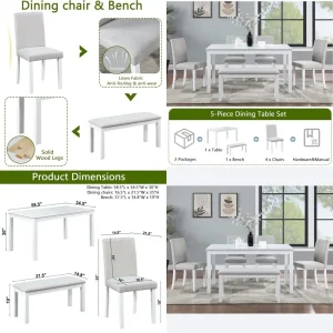 Dining Table Set for 6, Farmhouse Kitchen Table Set with 4 Upholstered Chairs & Bench for Kitchen, Dining Room, Living Room, Whi