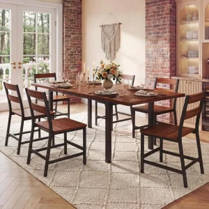 7Piece Dining Table Set for 6, 63 Extendable Kitchen Table with Curved Backrest Chairs, Dining Room Table with Solid Metal Fram